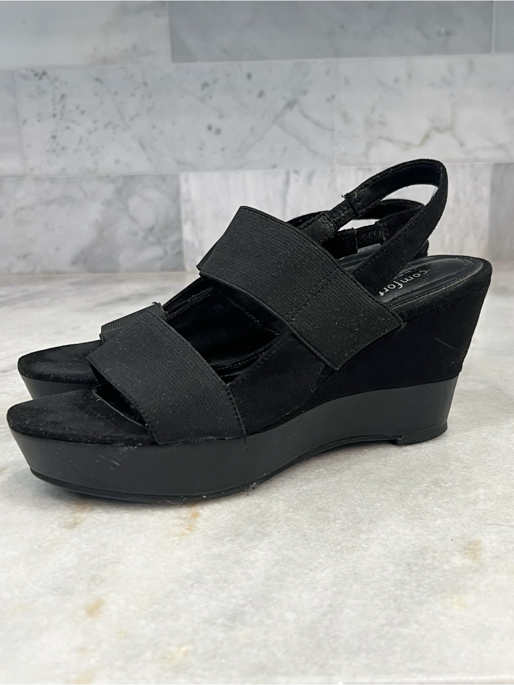 Comfort Plus by Predictions Black Suede Wedge Strap Slingback Sandal Size 5